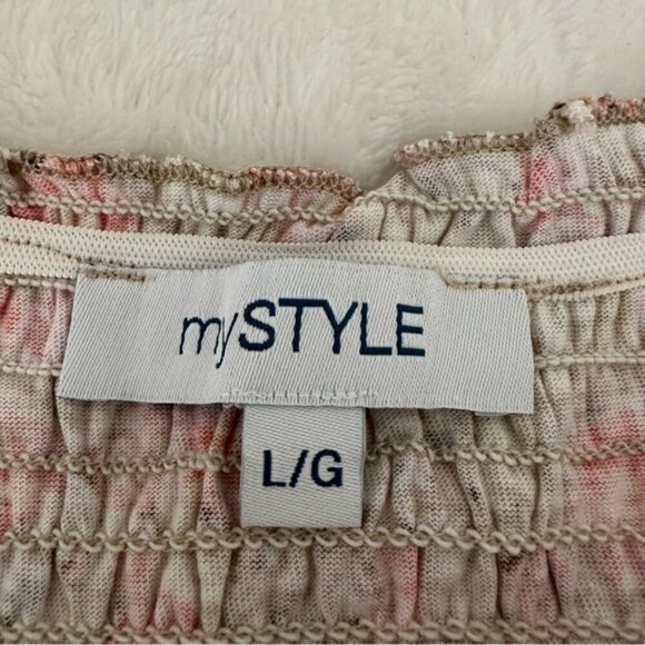 NWT MyStyle 100% Cotton Off Shoulder Top Shirring Smocked Pink Beige - Large - Picture 5 of 9